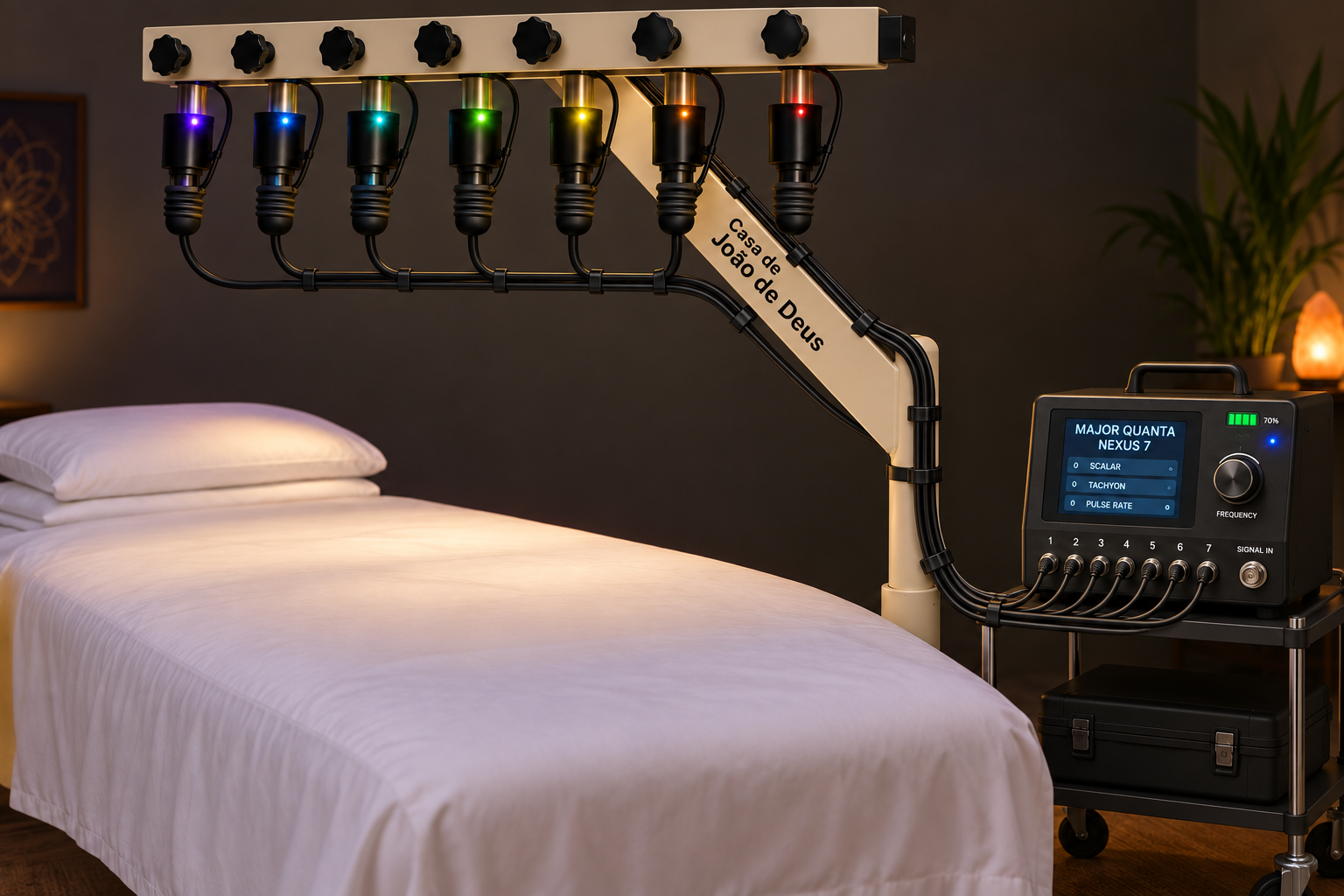 Concept rendering of seven silicone laser attachments with organized cables connected to the Major Quanta controller on an existing crystal bed